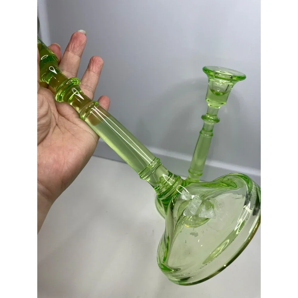 VINTAGE PAIR CAMBRIDGE # 437 VASELINE URANIUM GREEN GLASS UV CANDLESTICK HOLDER